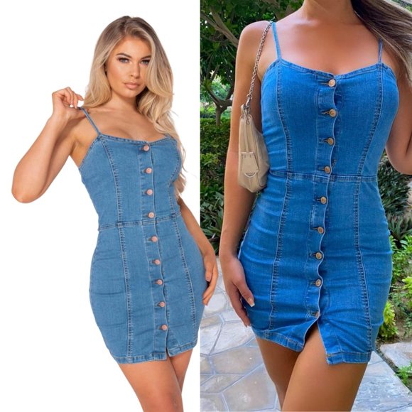 Light Blue Button Front Strappy Denim Dress - Picture 3 of 3